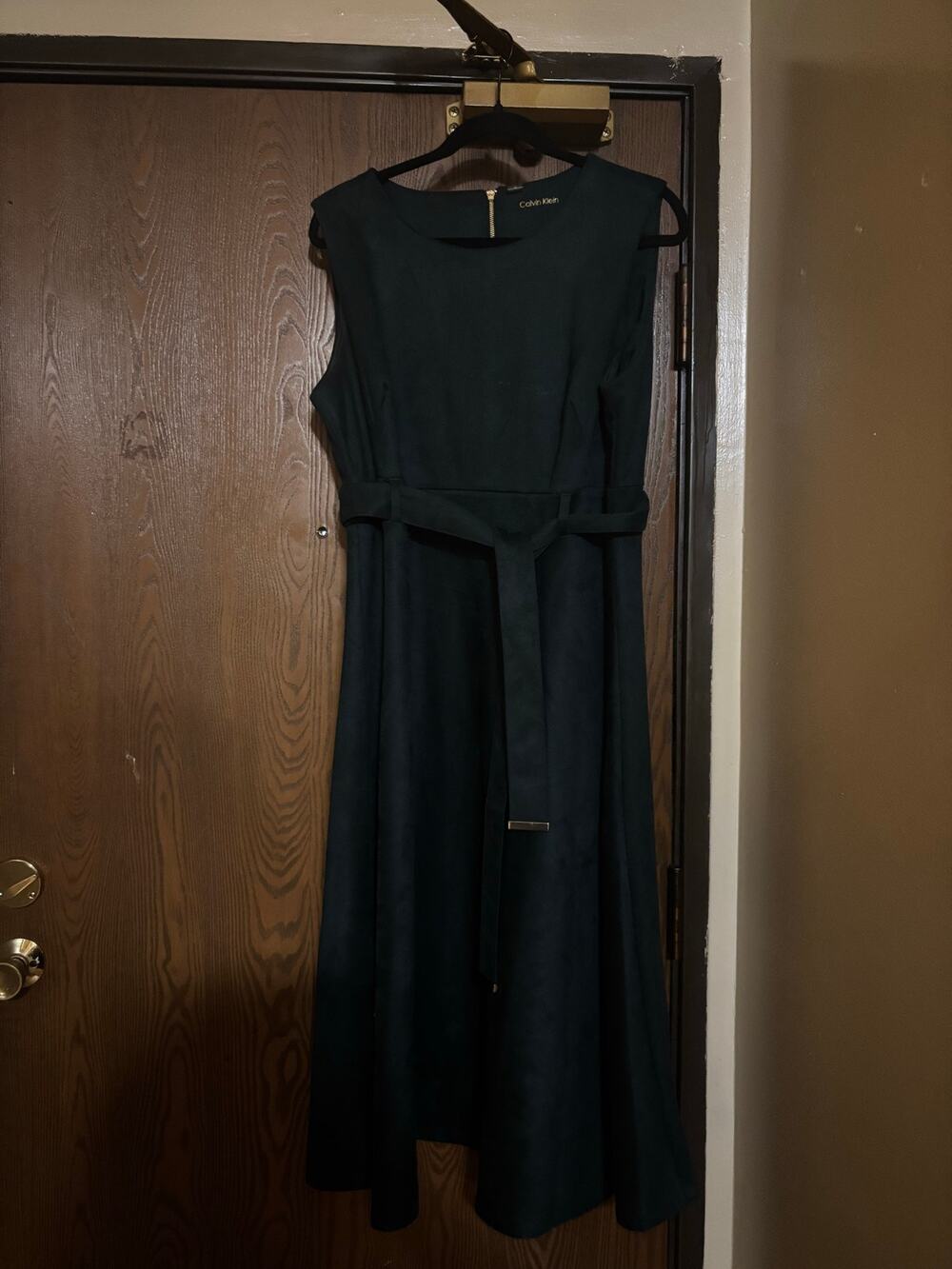 Calvin Klein Green Suede Belted Preppy Fall Office Professional Midi Dress